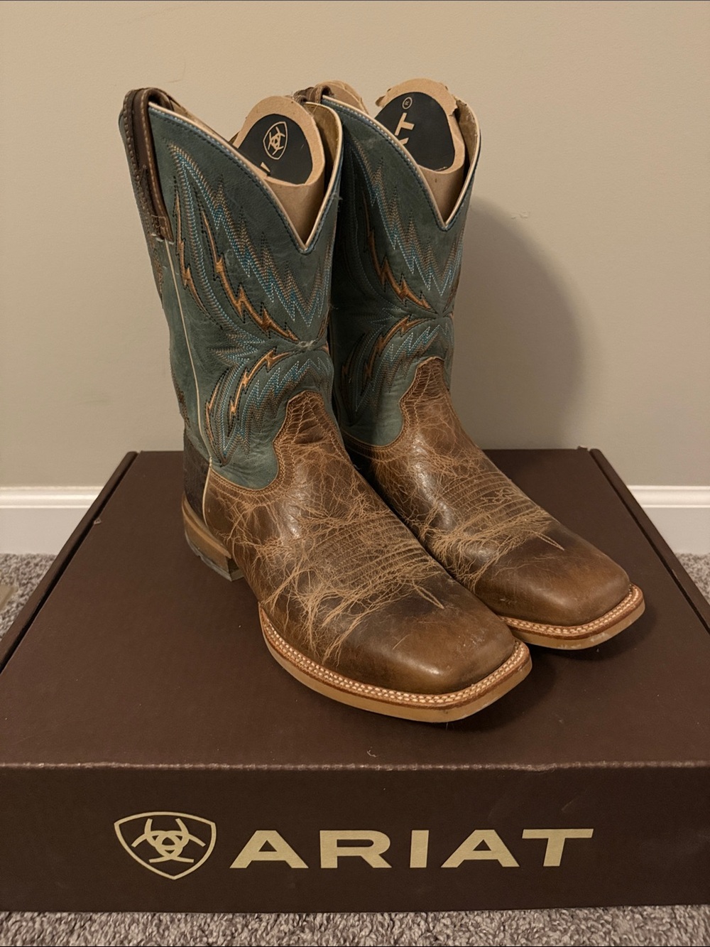 Men’s Ariat Arena Redbound Brown Leather Boots with Teal Embroidered Shaft